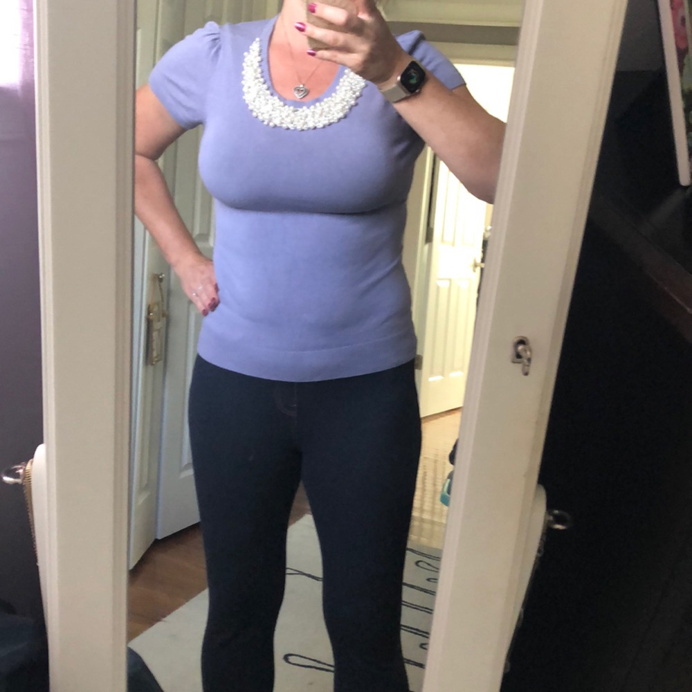 Short Sleeve Beaded Pearl Necklined Sweater